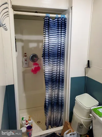a bathroom with a toilet and shower curtain