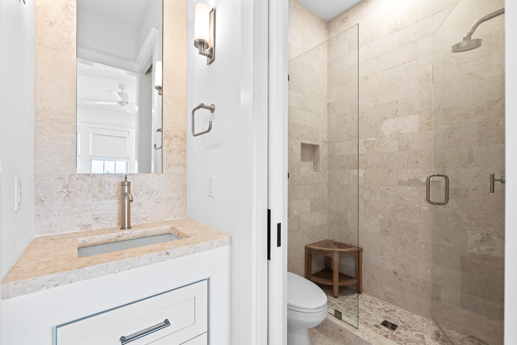 163 North Castle Harbour Dr Inlet Beach, Unit U38 Inlet Beach, FL 32461 - Photo 20 of 55 a bathroom with a granite countertop sink a toilet and shower