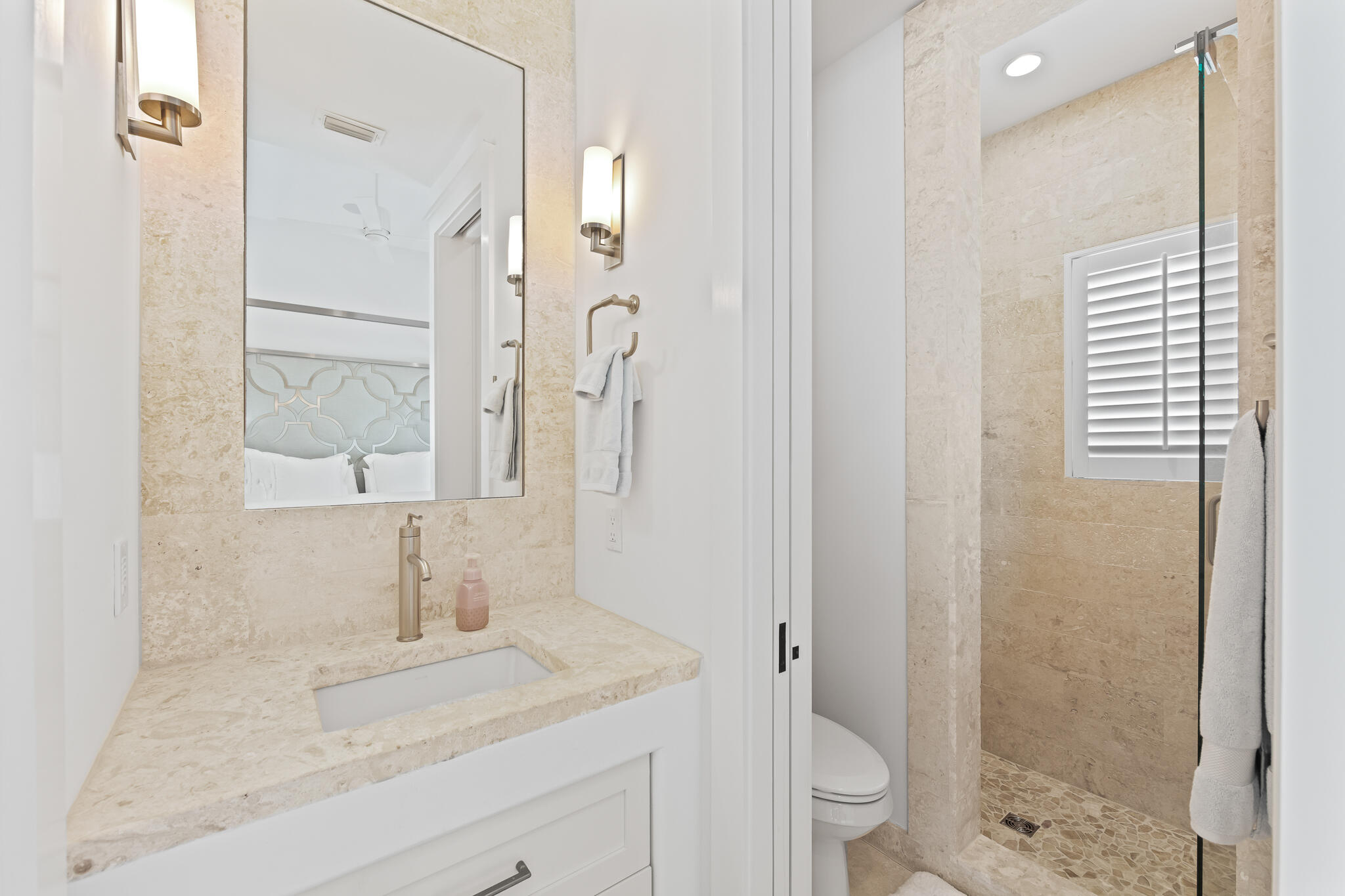 163 North Castle Harbour Dr Inlet Beach, Unit U38 Inlet Beach, FL 32461 - Photo 32 of 55 a bathroom with a granite countertop sink a toilet and shower