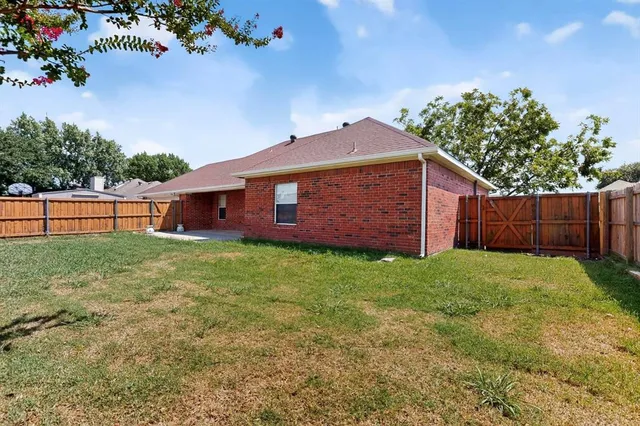 a view of a backyard with plants and large tree
