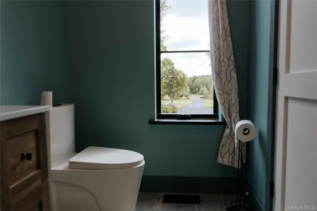 a bathroom with a toilet a sink a window and mirror