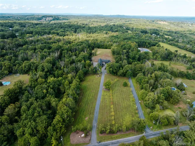 an aerial view of residential houses with outdoor space and trees