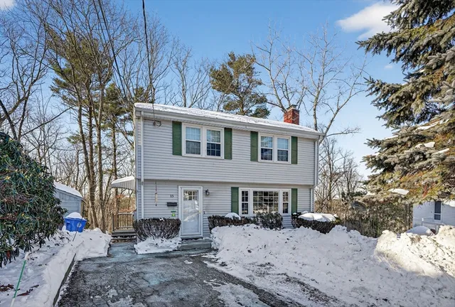 a view of a house with a yard covered in snow
