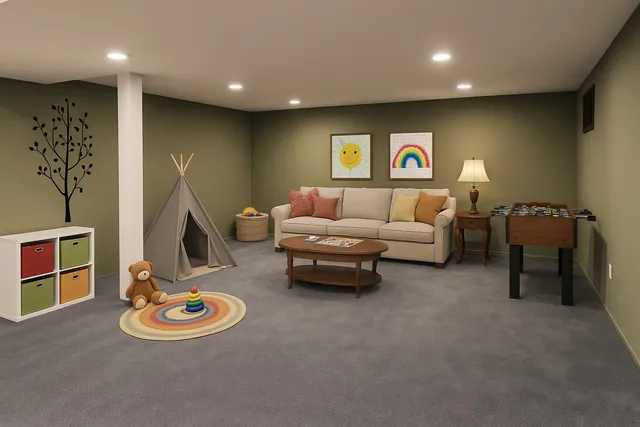 a living room with furniture and a table