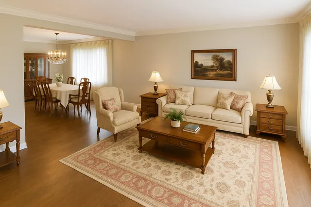 a living room with furniture a dining table and a lamp