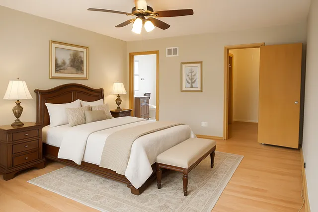 a bedroom with a bed and a chandelier