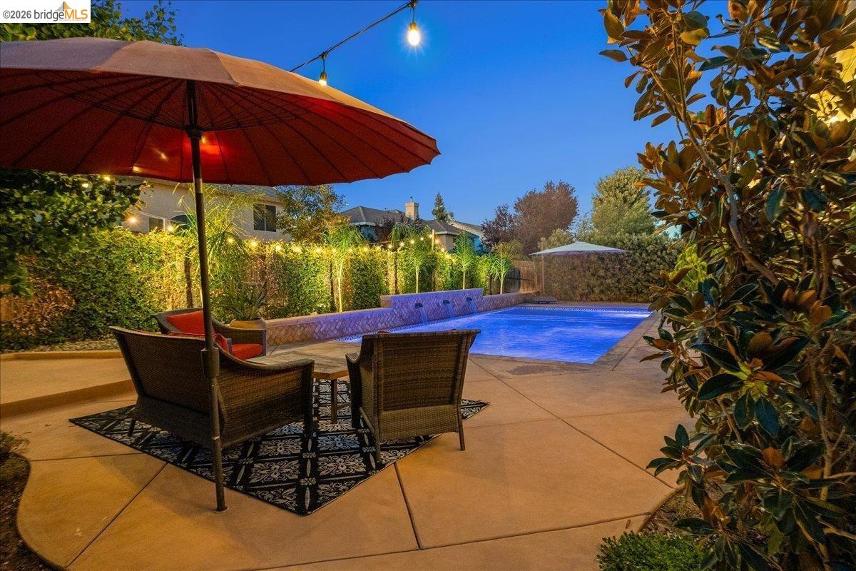 653 Bouma Lane Ripon, CA 95366 - Photo 32 of 39 Private backyard featuring a swimming pool, concrete patio, and mature perimeter hedging