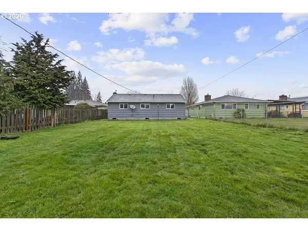 a view of a big yard with a large tree in front of it