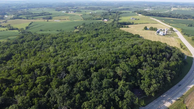 an aerial view of residential house with outdoor space and trees all around