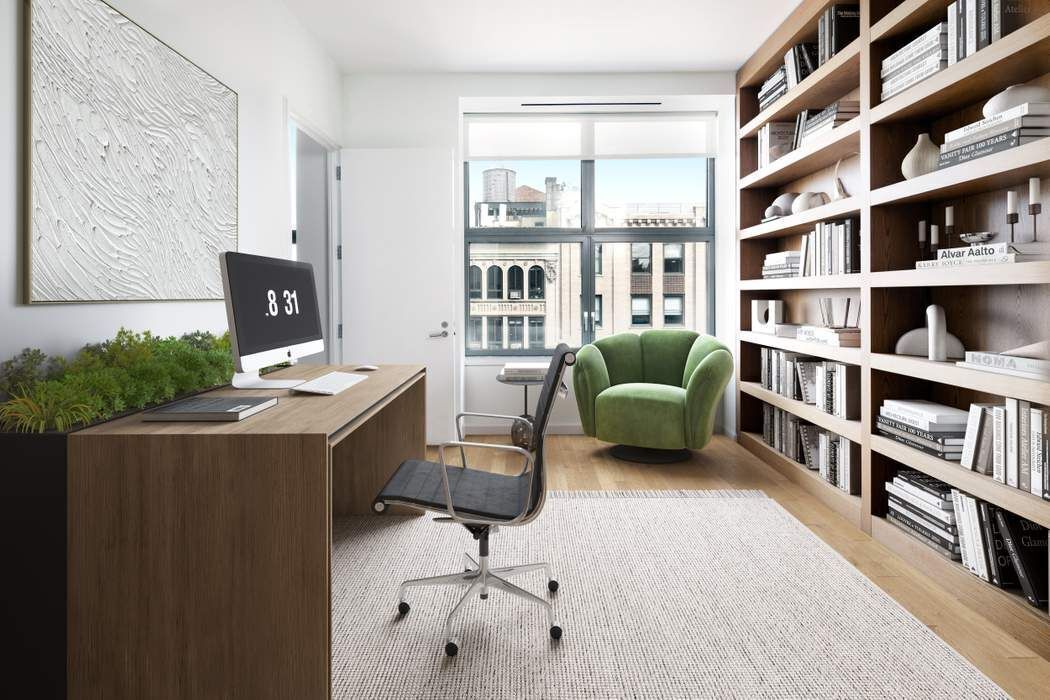 240 Park Avenue South, Unit 14B Manhattan, NY 10003 - Photo 7 of 12 a workspace with furniture bookshelf and a window