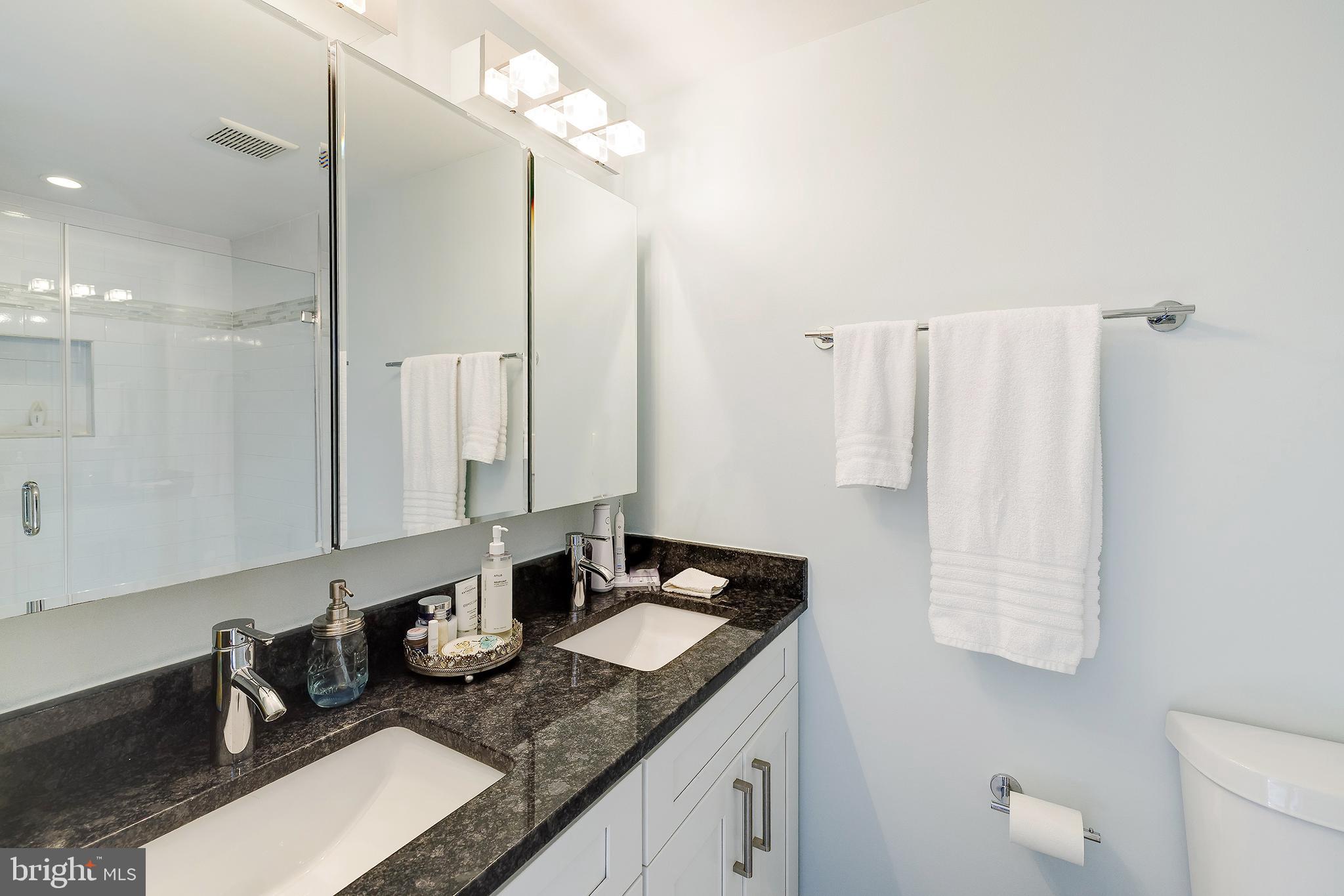 1514 Newton Street Northwest, Unit 301 Washington, DC 20010 - Photo 27 of 30 a bathroom with a granite countertop sink a toilet and mirror