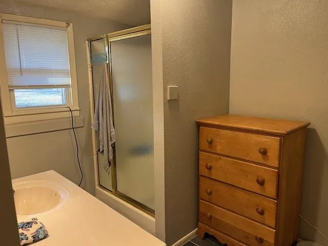 a bathroom with a shower and a sink
