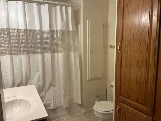 a bathroom with a sink a toilet and shower curtain