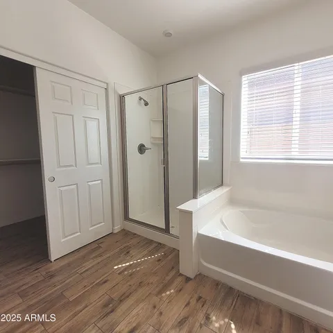 a bathroom with a bathtub and a shower