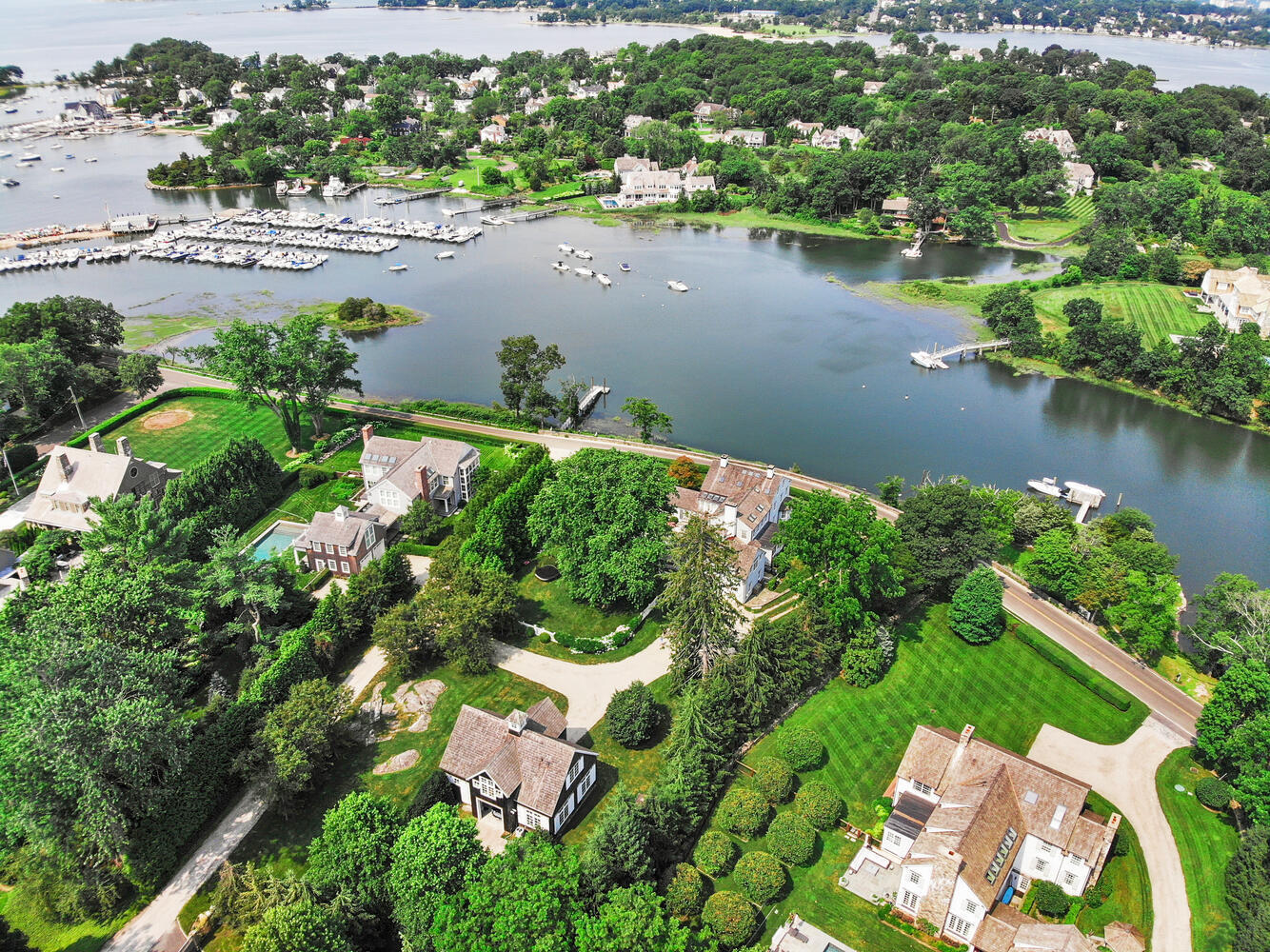 98 Pear Tree Point Road Darien, CT 06820 - Photo 36 of 42 an aerial view of lake residential house with outdoor space and trees all around