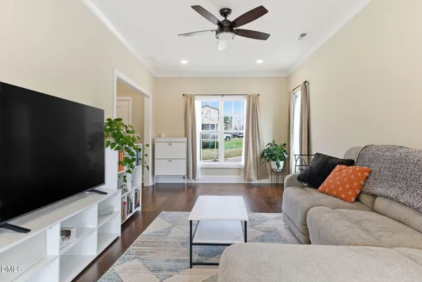 a living room with furniture and a potted plant