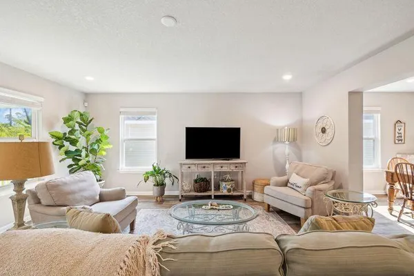 a living room with furniture potted plant and a window