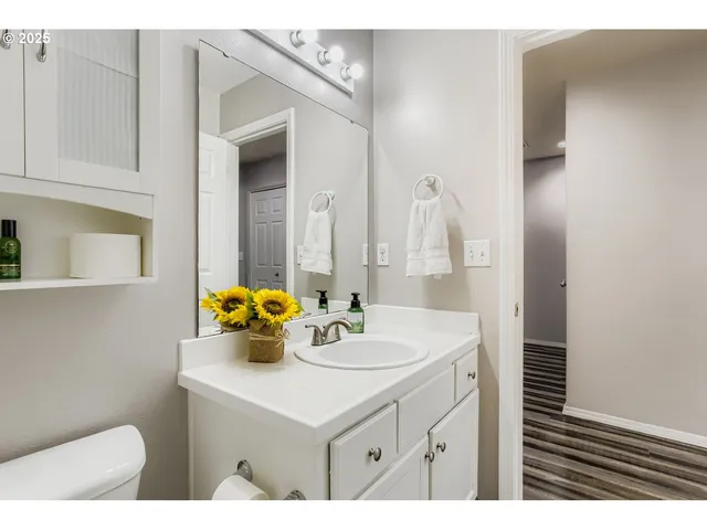 a bathroom with a sink a toilet and mirror