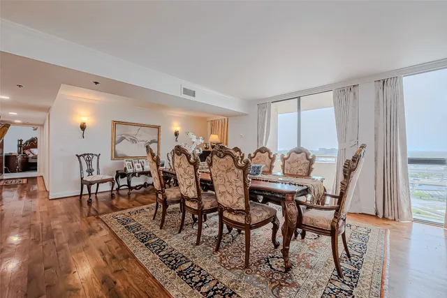 a view of a dining room with furniture