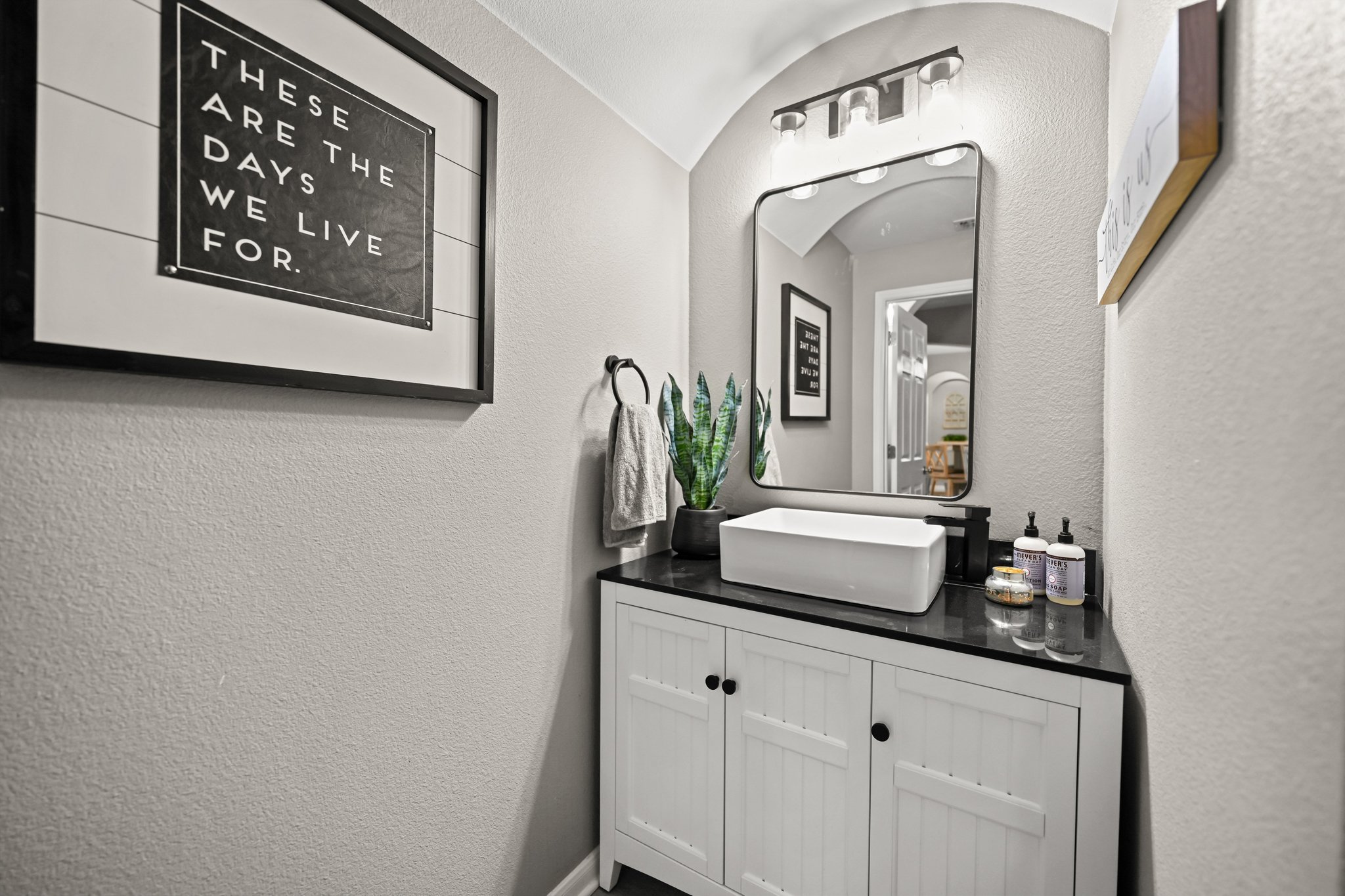 5528 Wild Foxglove Road Spicewood, TX 78669 - Photo 11 of 38 White vanity with black countertop and vessel sink