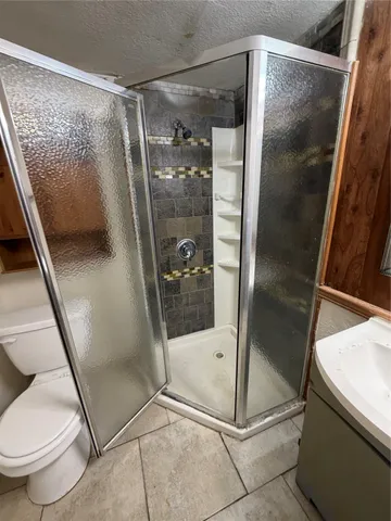 a bathroom with a shower and toilet