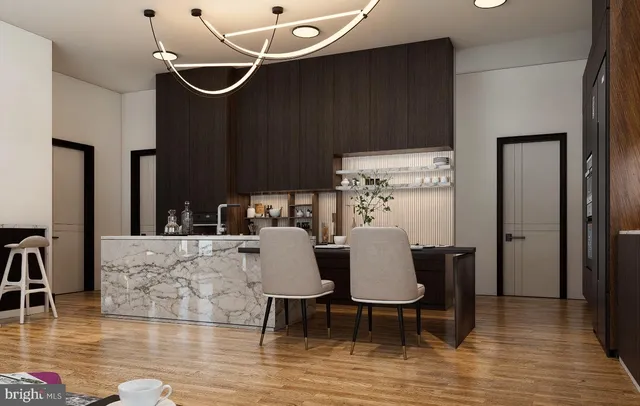 a view of a dining room with furniture