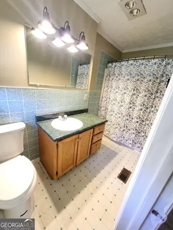 a bathroom with a sink a toilet and a mirror