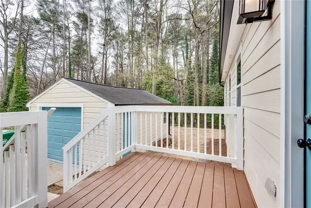 a view of a wooden balcony