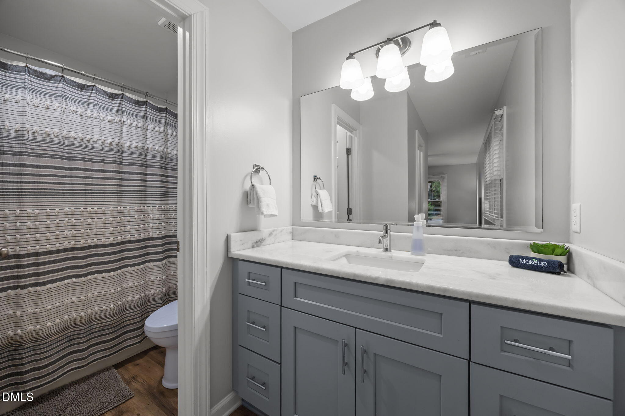 2752 Milburnie Road Raleigh, NC 27610 - Photo 22 of 54 a bathroom with a granite countertop sink a toilet and a mirror