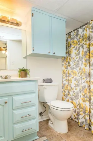 a bathroom with a sink a toilet and shower curtain