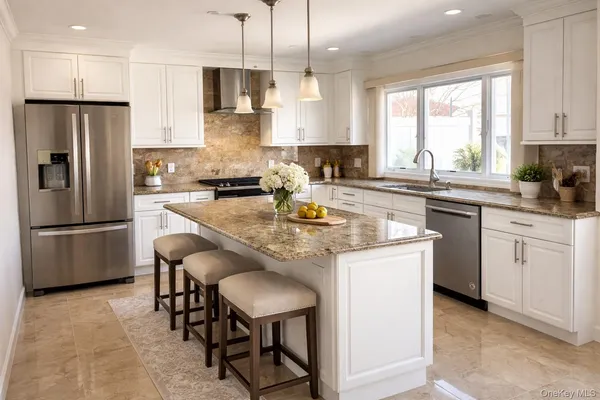 a kitchen with stainless steel appliances granite countertop a stove a sink a refrigerator a microwave oven with a dining table and chairs