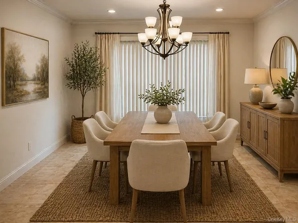 a view of a dining room with furniture and a chandelier