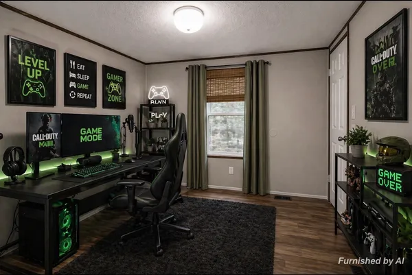 a room with furniture a lamp and potted plant