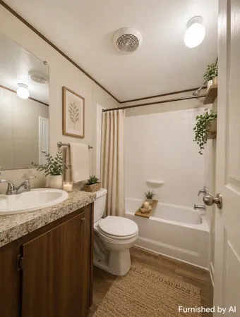 a bathroom with a granite countertop sink a toilet and shower