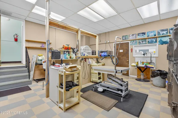 a storage room with cabinets