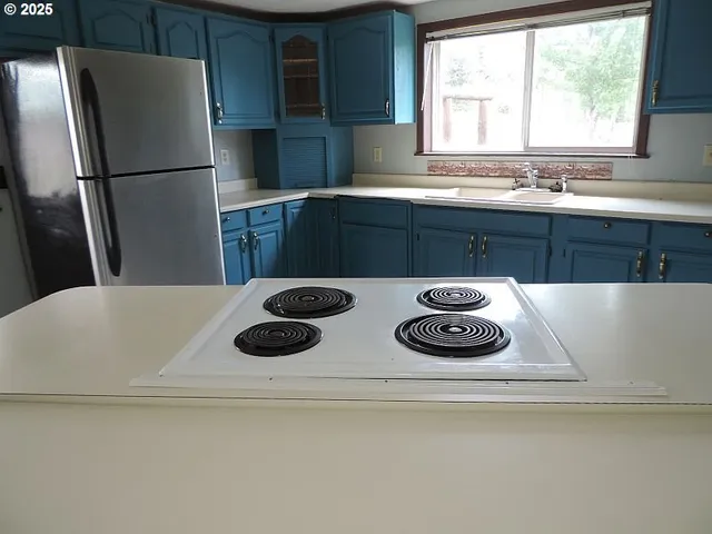 a kitchen with a refrigerator and a sink