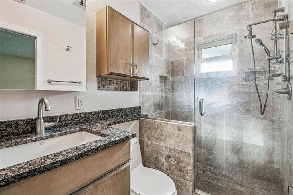 4161 Rolling Springs Drive Tampa, FL 33624 - Photo 34 of 52 a bathroom with a granite countertop sink a toilet and shower