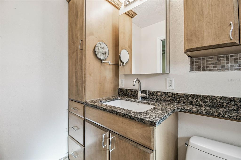 4161 Rolling Springs Drive Tampa, FL 33624 - Photo 36 of 52 a bathroom with a granite countertop sink and a mirror