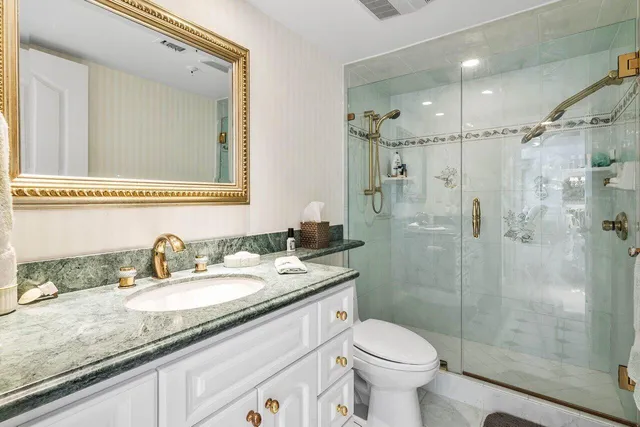 a bathroom with a granite countertop sink toilet and shower