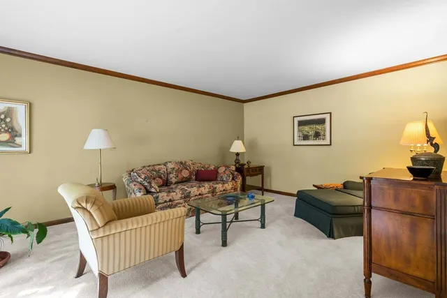 a living room with furniture and a lamp