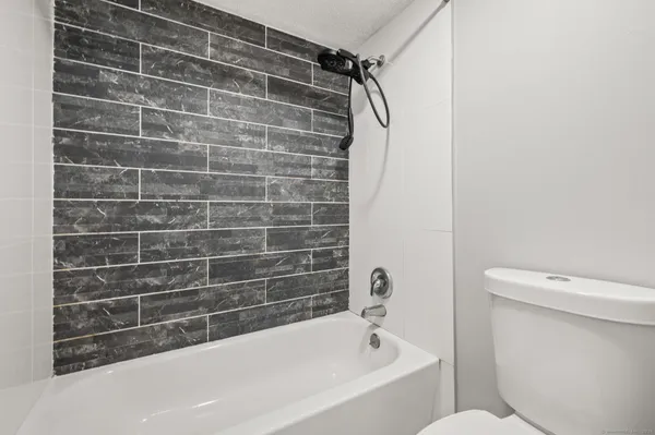 a bathroom with a bathtub and a toilet