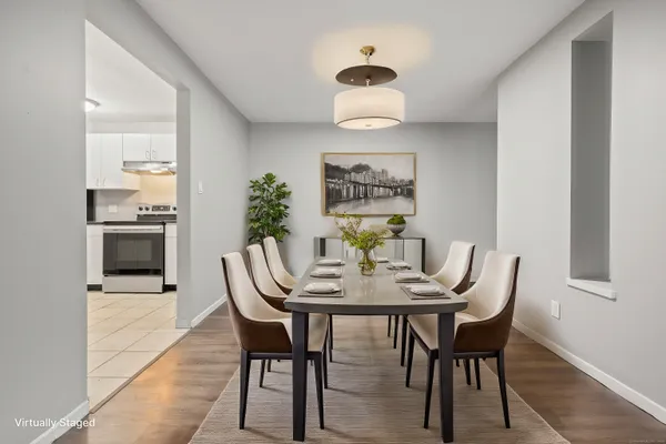 a view of a dining room with furniture