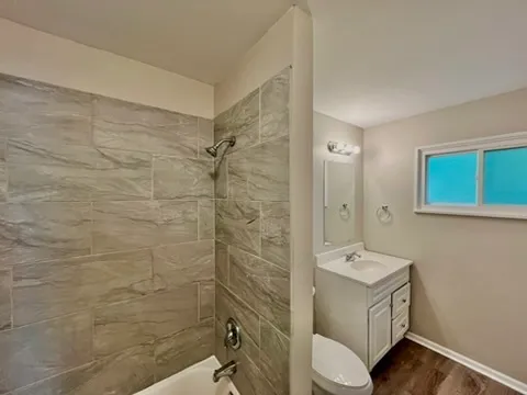 a bathroom with a toilet sink shower and mirror