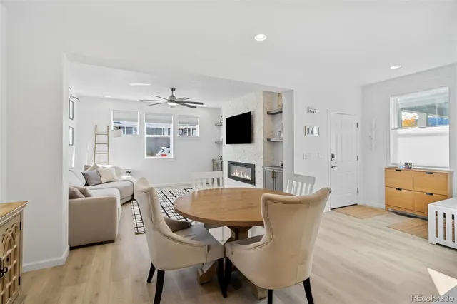 a view of a dining room with furniture