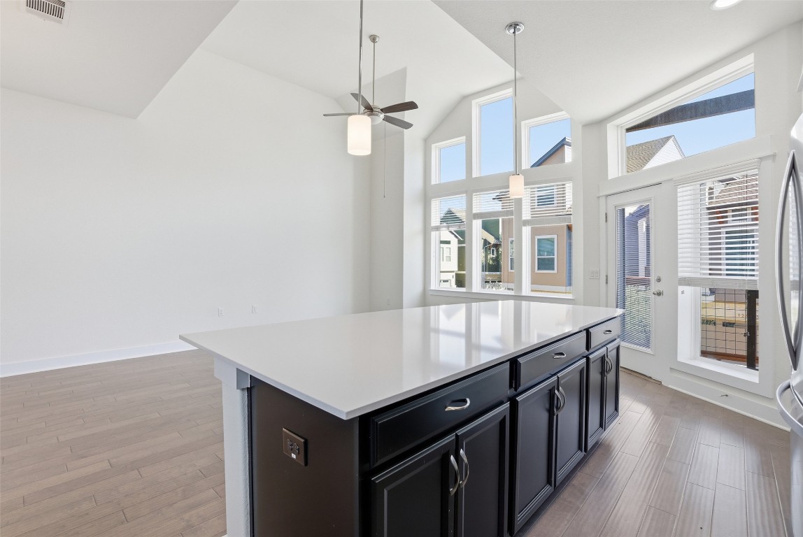 12604 Red Sparrow Street, Unit 14 Austin, TX 78729 - Photo 22 of 40 Kitchen featuring dark cabinetry, light wood-style flooring, pendant lighting, healthy amount of natural light, and high vaulted ceiling