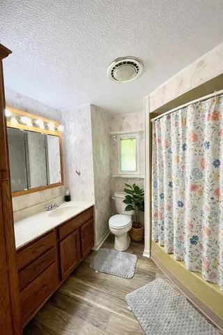 a bathroom with a double vanity sink toilet and a mirror