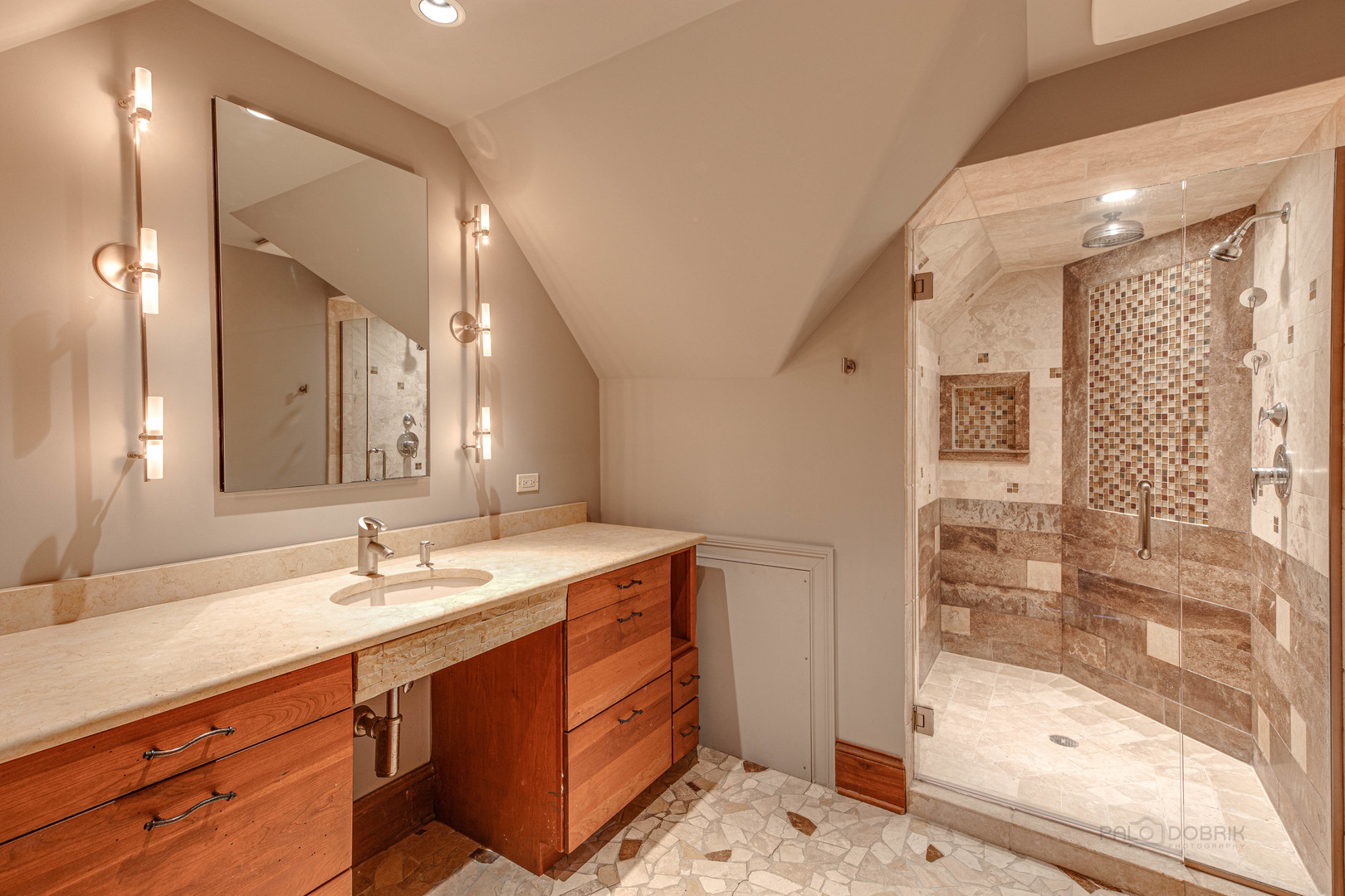 1230 Heather Lane Glenview, IL 60025 - Photo 22 of 38 a spacious bathroom with a shower sink and mirror