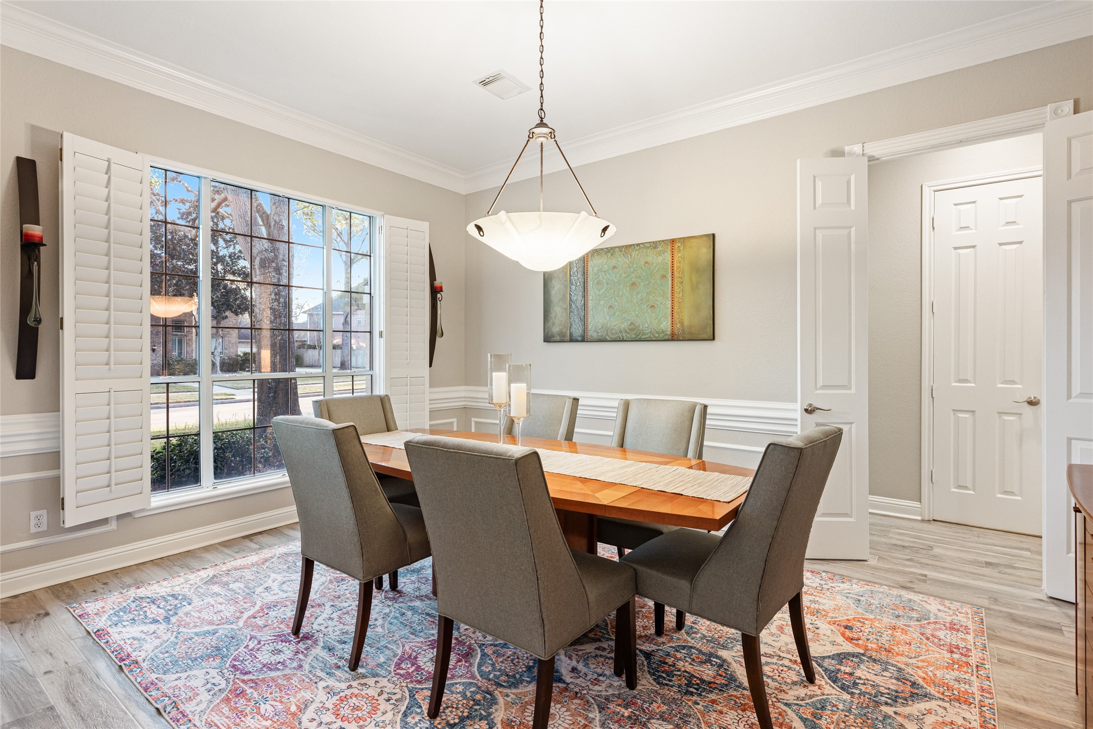 22806 2 Rivers Lane Katy, TX 77450 - Photo 17 of 49 This dining room features elegant wainscoting, with plantation shutters, and a stylish light fixture.