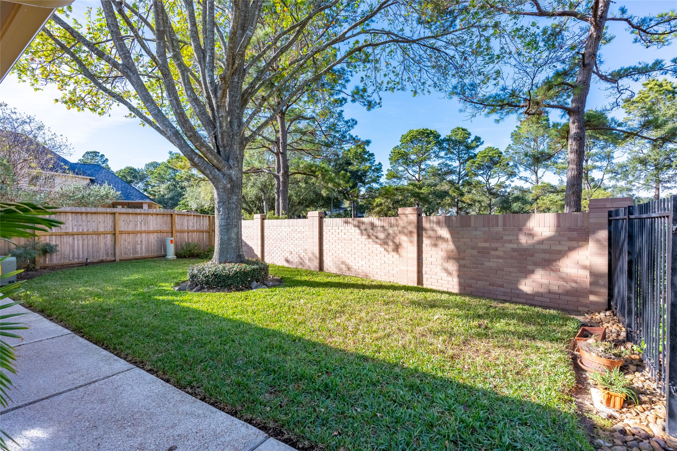 22806 2 Rivers Lane Katy, TX 77450 - Photo 45 of 49 Well-maintained lawn behind the three car garage with a large tree providing shade gives your family plenty of options for outdoor fun. This lawn area is enclosed by a combination of wooden and brick fencing, offering privacy. The area is enhanced by a paved walkway and landscaped with plants along the edge, creating a serene outdoor space.