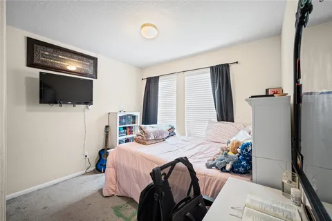 a bedroom with a bed and a flat screen tv